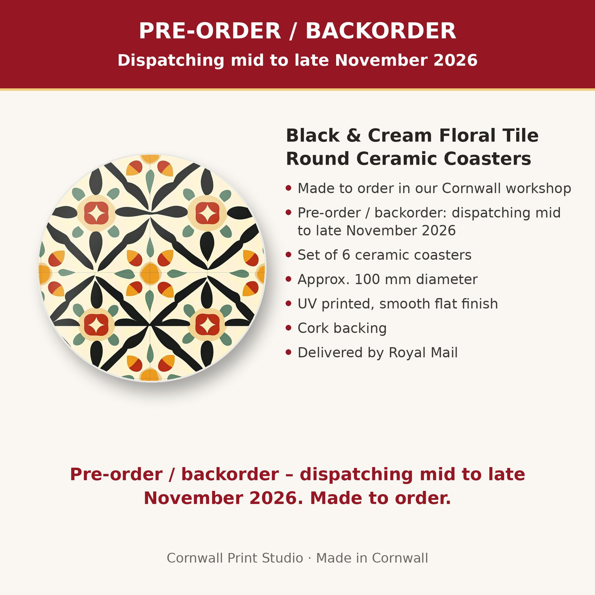 Info card: Black & Cream Floral Tile Round Ceramic Coasters – Set of 6, made to order, dispatching mid to late November 2026, delivered by Royal Mail