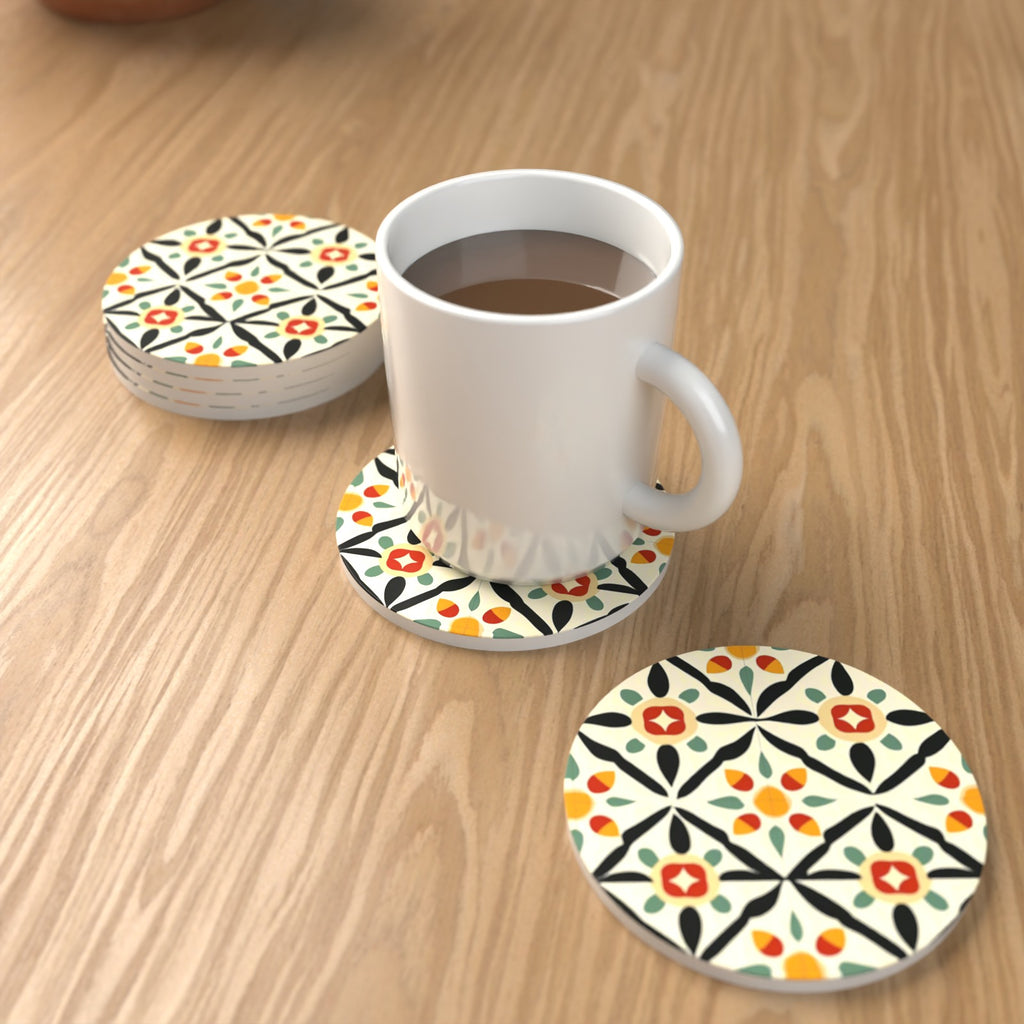 Black & Cream Floral Tile Round Ceramic Coasters – Set of 6 – lifestyle mockup with a mug of coffee