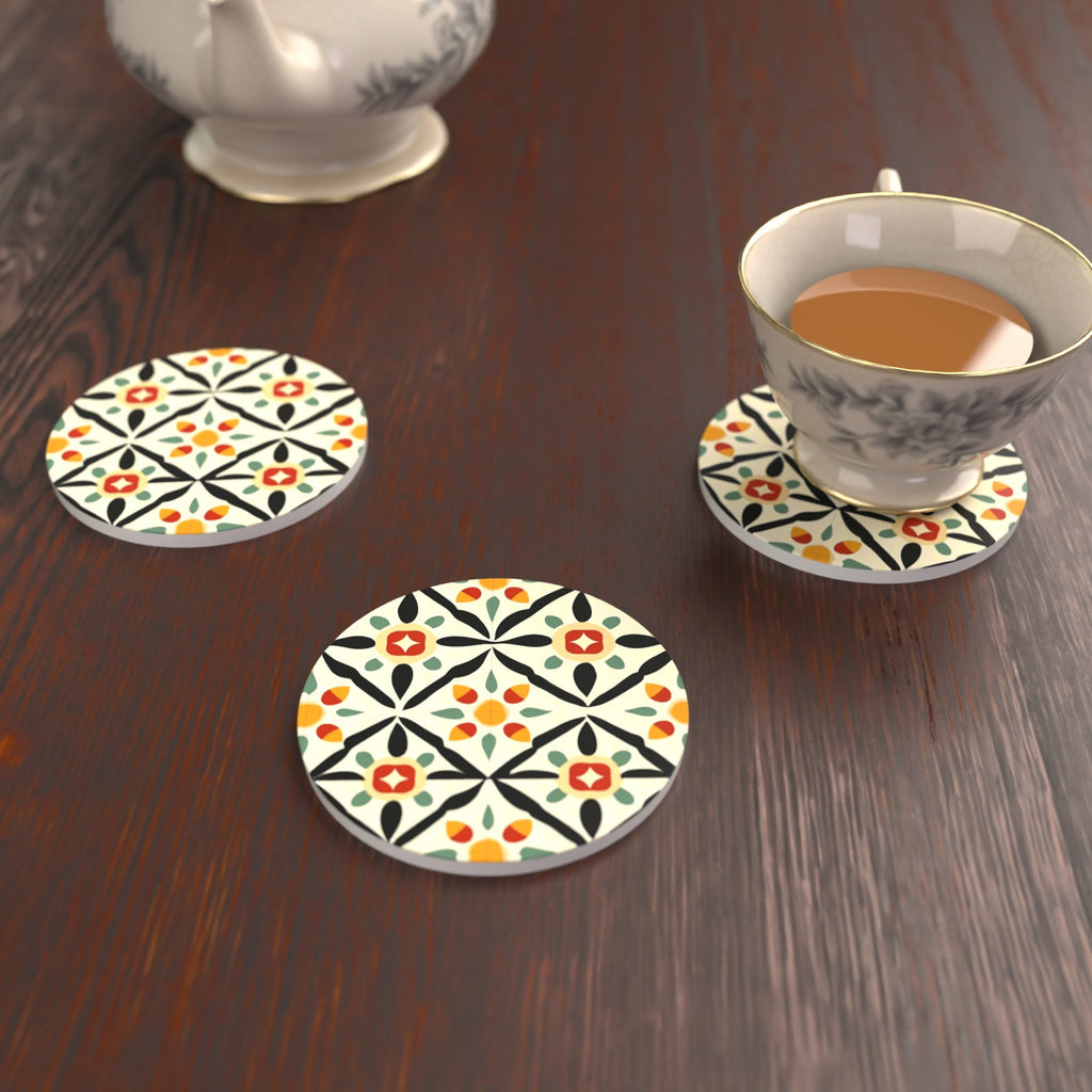 Black & Cream Floral Tile Round Ceramic Coasters – Set of 6 – lifestyle mockup with a teacup