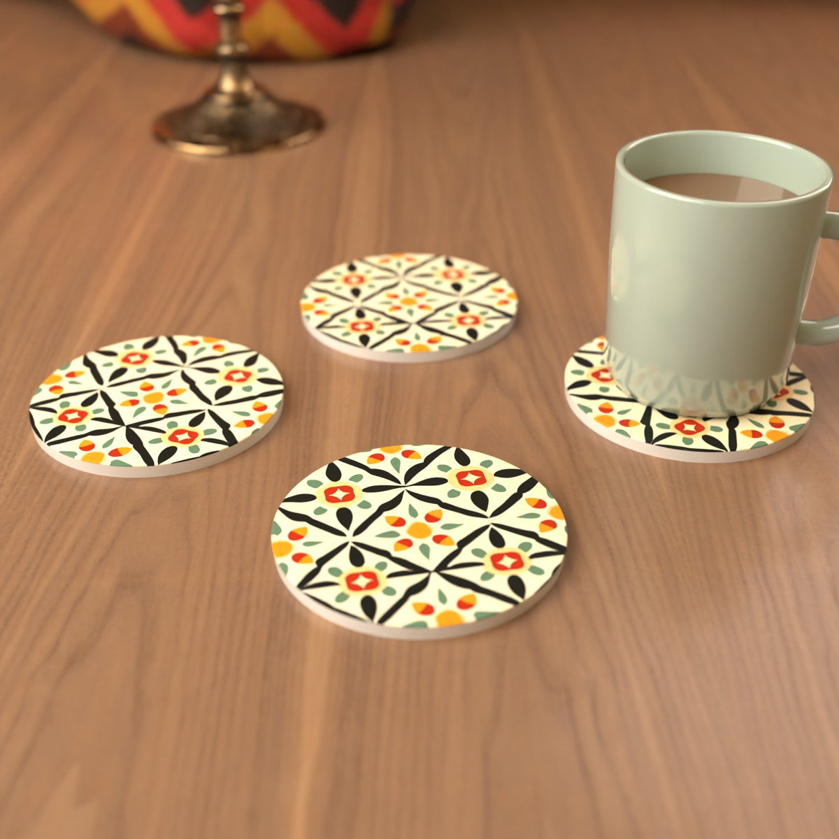 Black & Cream Floral Tile Round Ceramic Coasters – Set of 6 – cosy lifestyle mockup