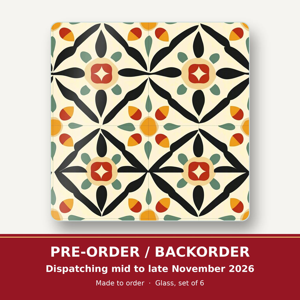 Black & Cream Floral Tile square glass coaster set of 6 – pre-order / backorder, dispatching mid to late November 2026