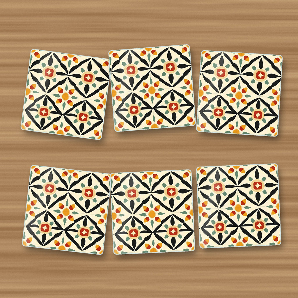 Black & Cream Floral Tile square glass coasters, set of 6, on an oak coffee table