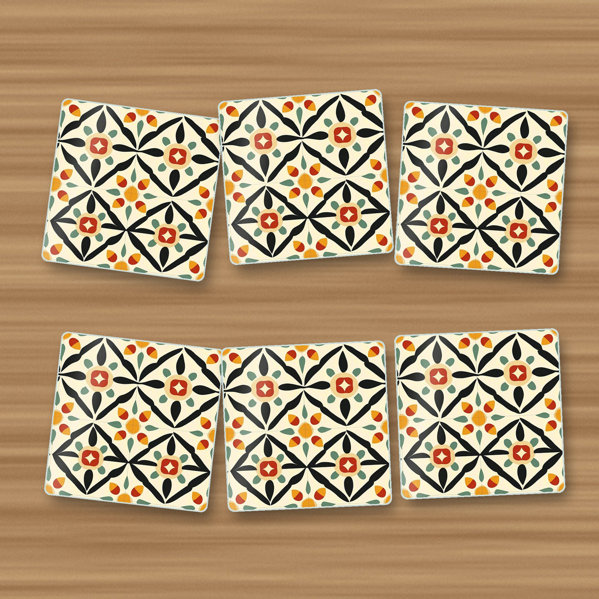 Black & Cream Floral Tile square glass coasters, set of 6, on an oak coffee table