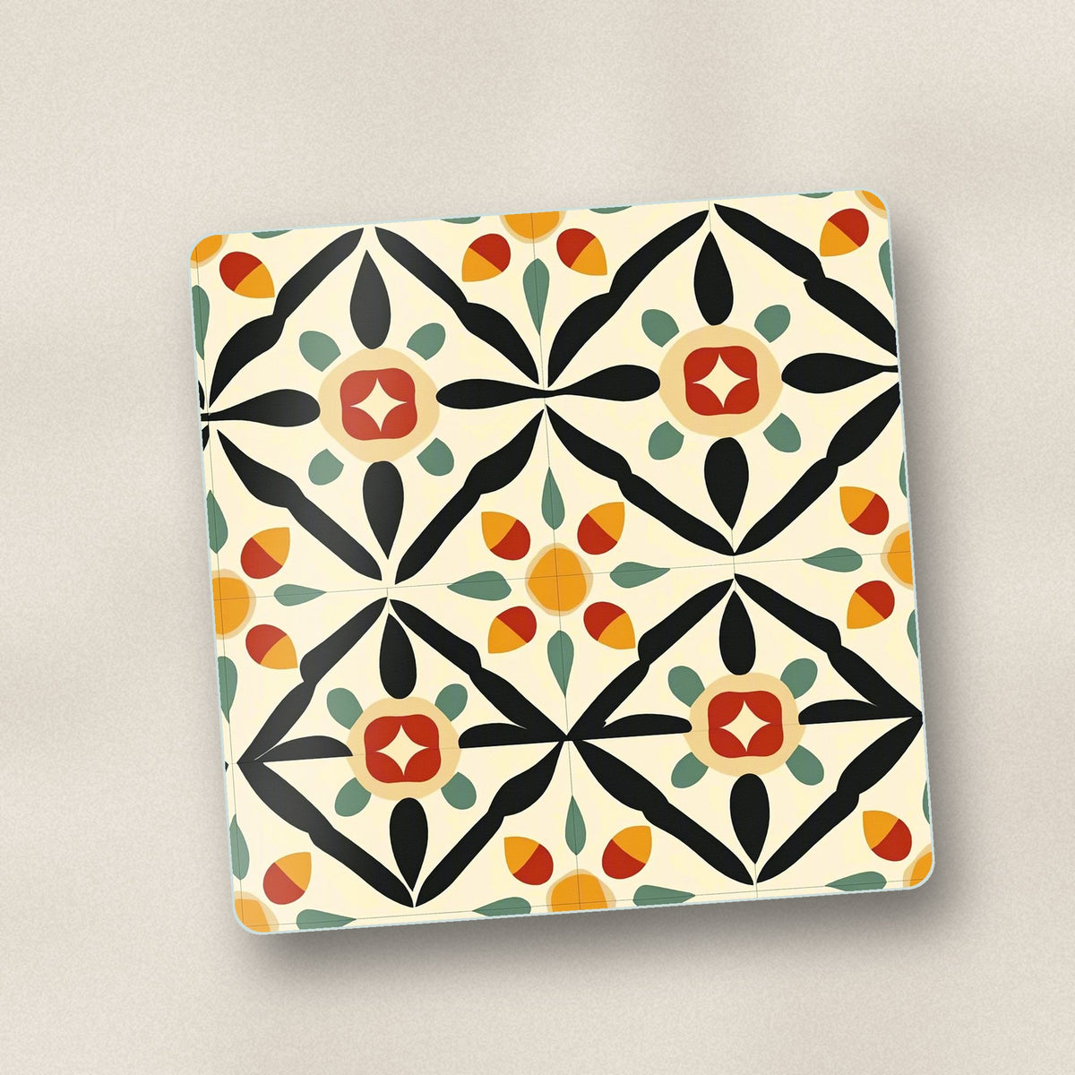 Close-up of one black & cream floral tile square glass coaster, flat UV print