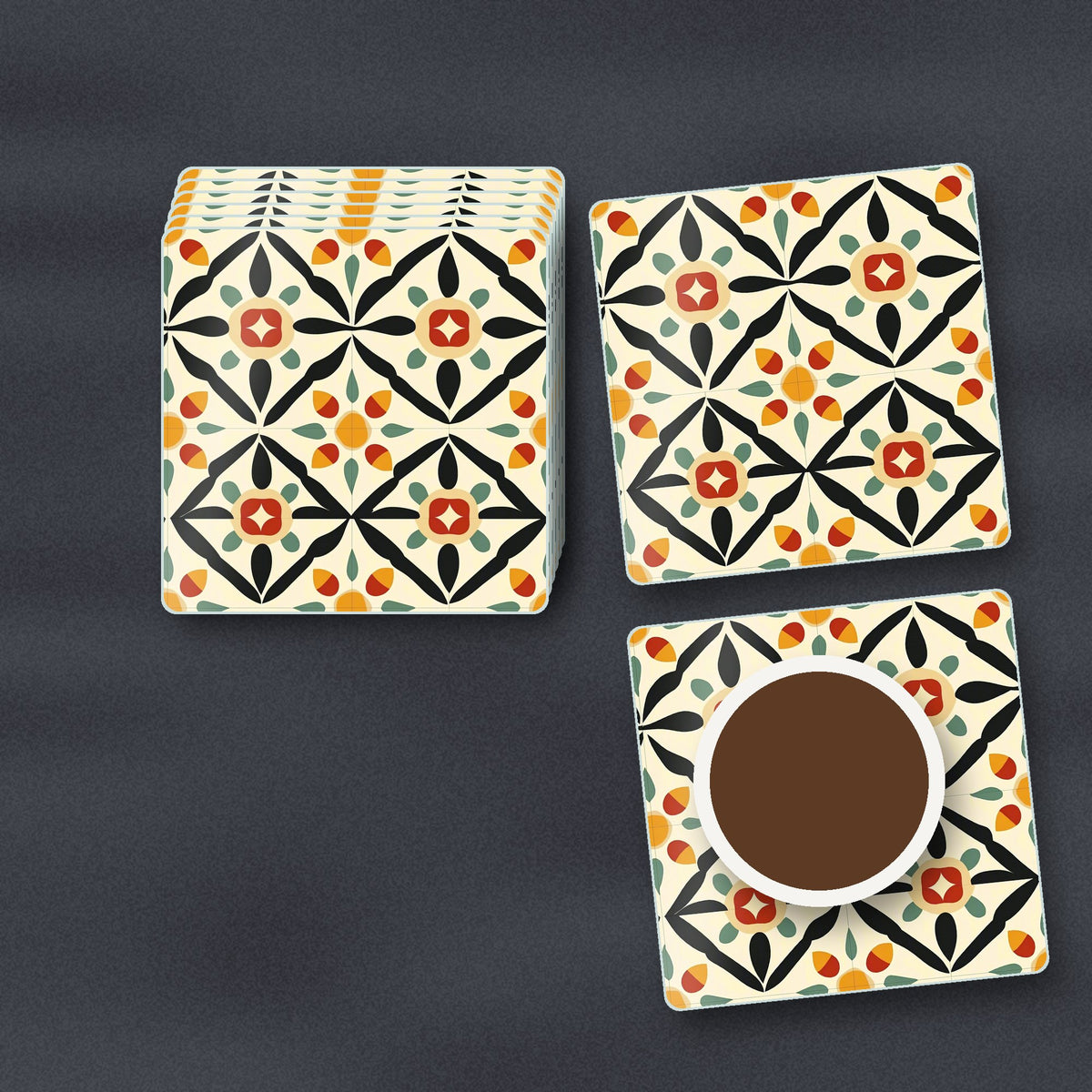 Black & Cream Floral Tile square glass coasters stacked on a slate kitchen worktop