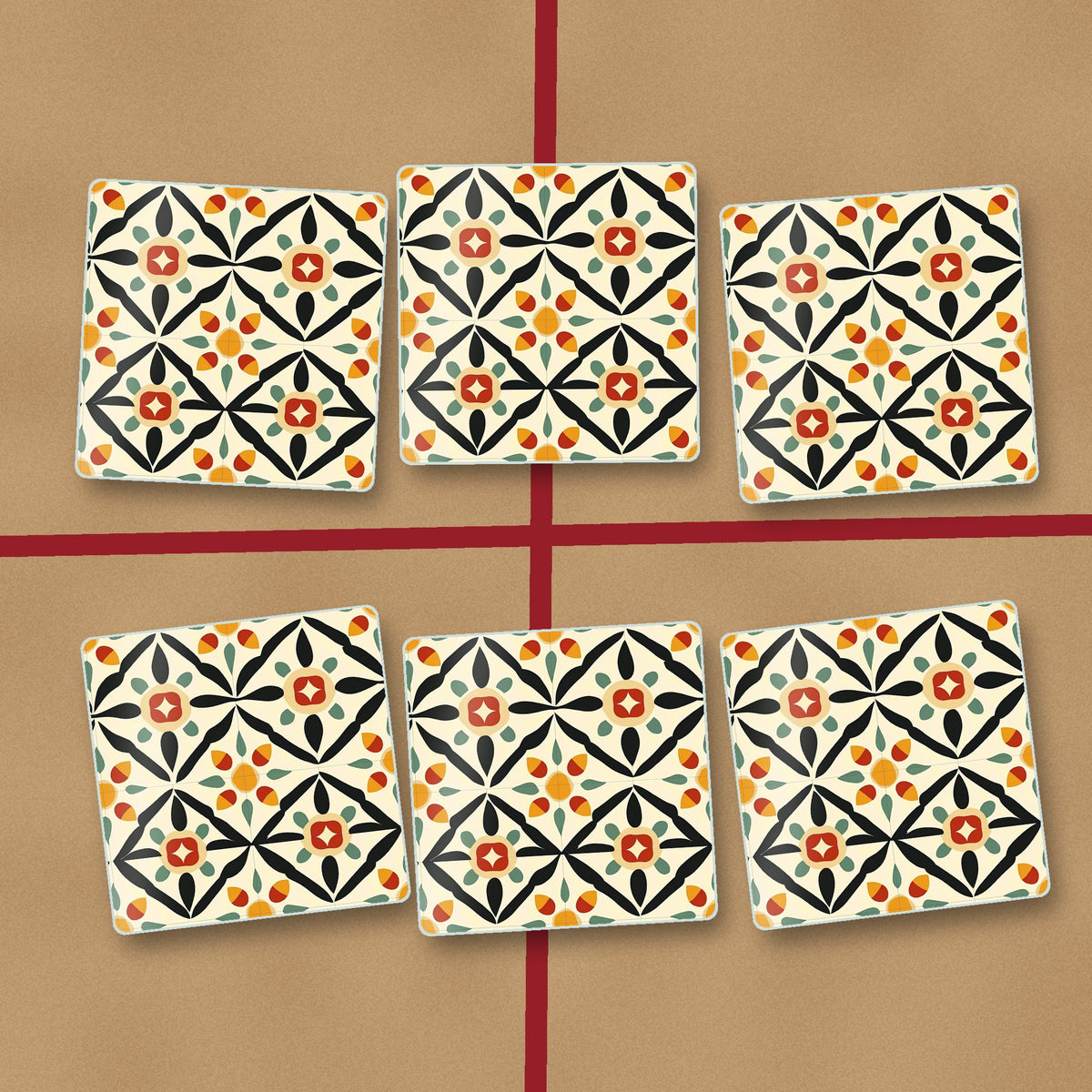 Black & Cream Floral Tile square glass coasters on kraft gift wrap