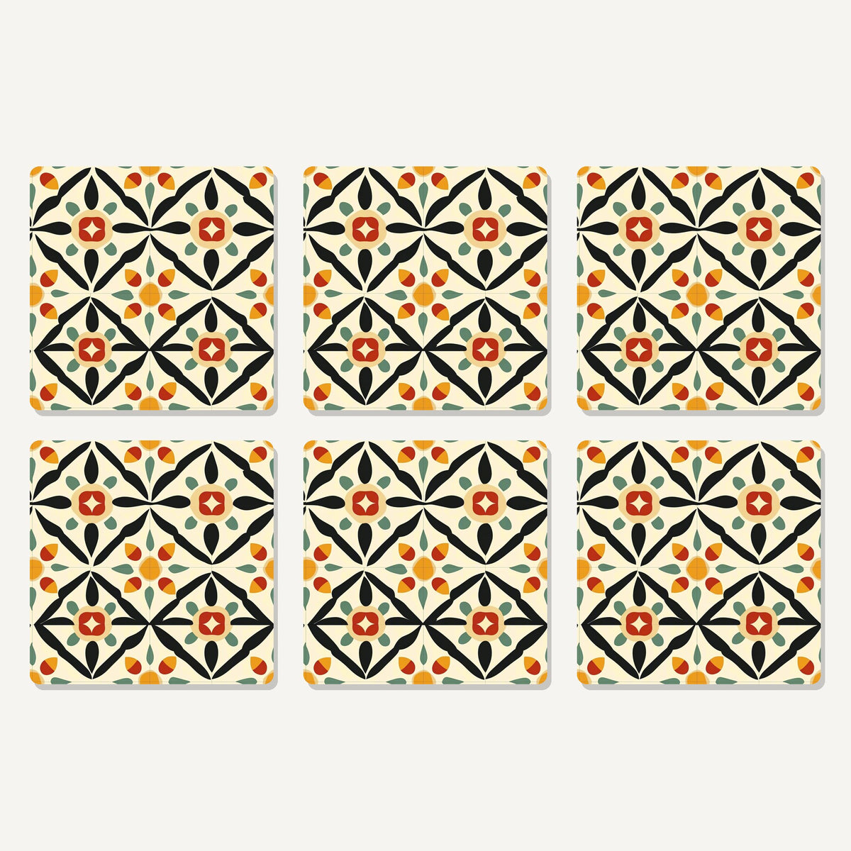 Flat lay of the black & cream floral tile artwork on six square coasters