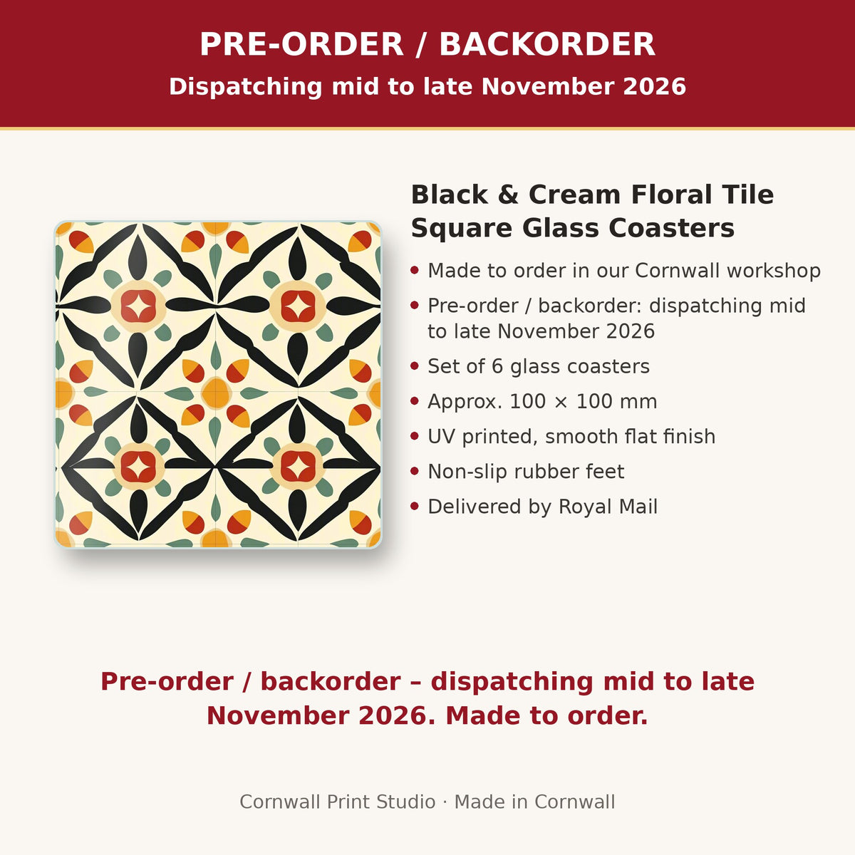 Info card: Black & Cream Floral Tile Square Glass Coasters – Set of 6, made to order, dispatching mid to late November 2026, delivered by Royal Mail