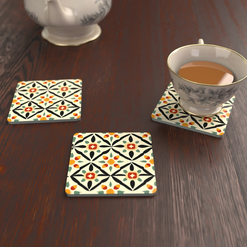 Black & Cream Floral Tile Square Glass Coasters – Set of 6 – lifestyle mockup with a teacup