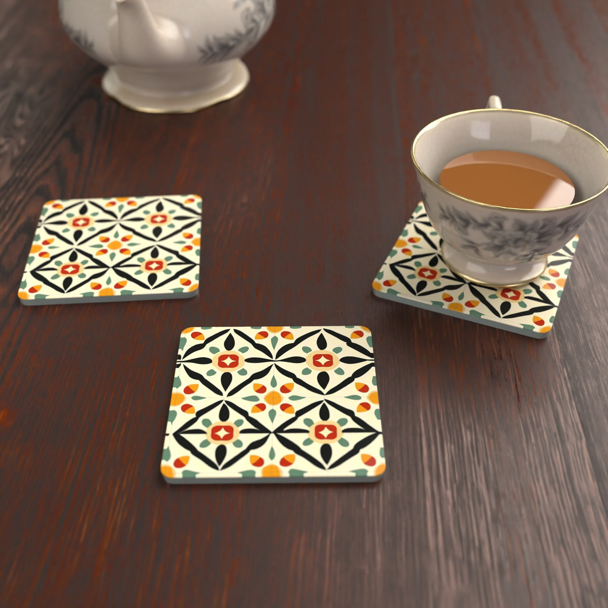 Black & Cream Floral Tile Square Glass Coasters – Set of 6 – lifestyle mockup with a teacup