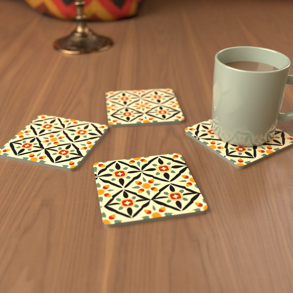 Black & Cream Floral Tile Square Glass Coasters – Set of 6 – cosy lifestyle mockup