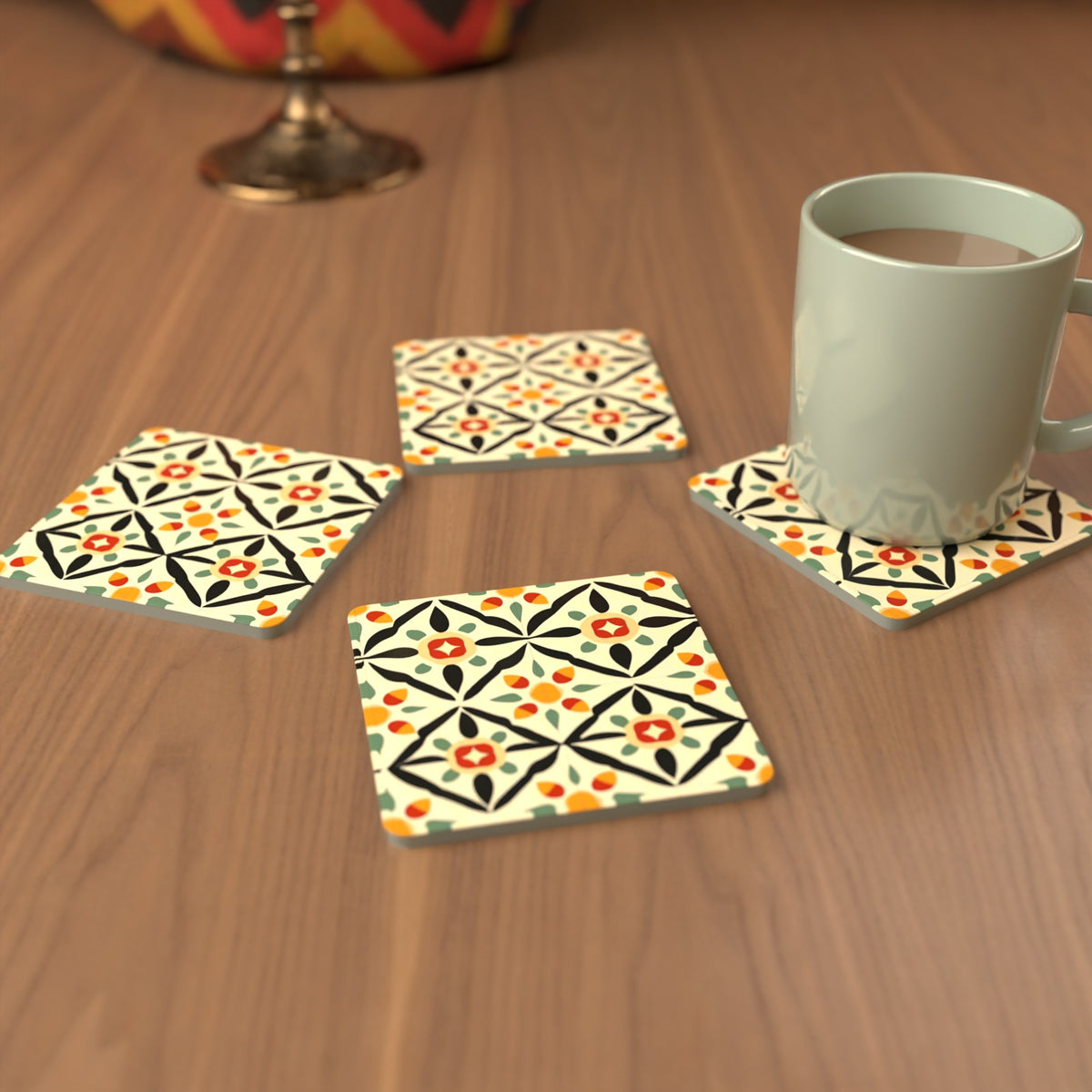 Black & Cream Floral Tile Square Glass Coasters – Set of 6 – cosy lifestyle mockup