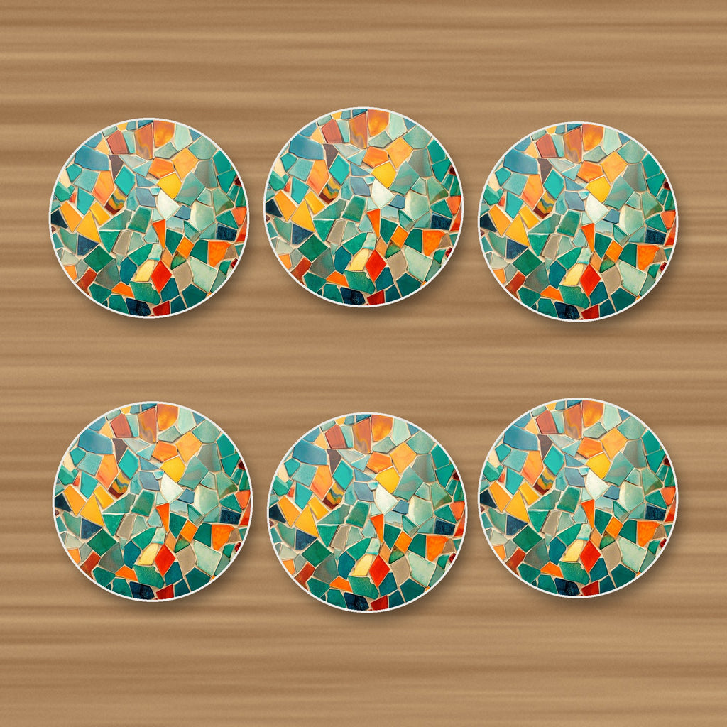 Broken Tile Mosaic round ceramic coasters, set of 6, on an oak coffee table