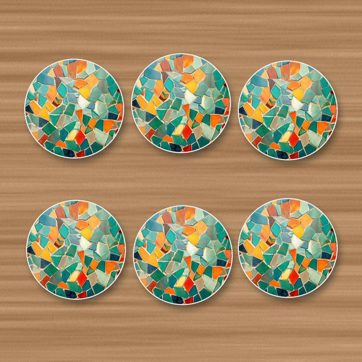 Broken Tile Mosaic round ceramic coasters, set of 6, on an oak coffee table