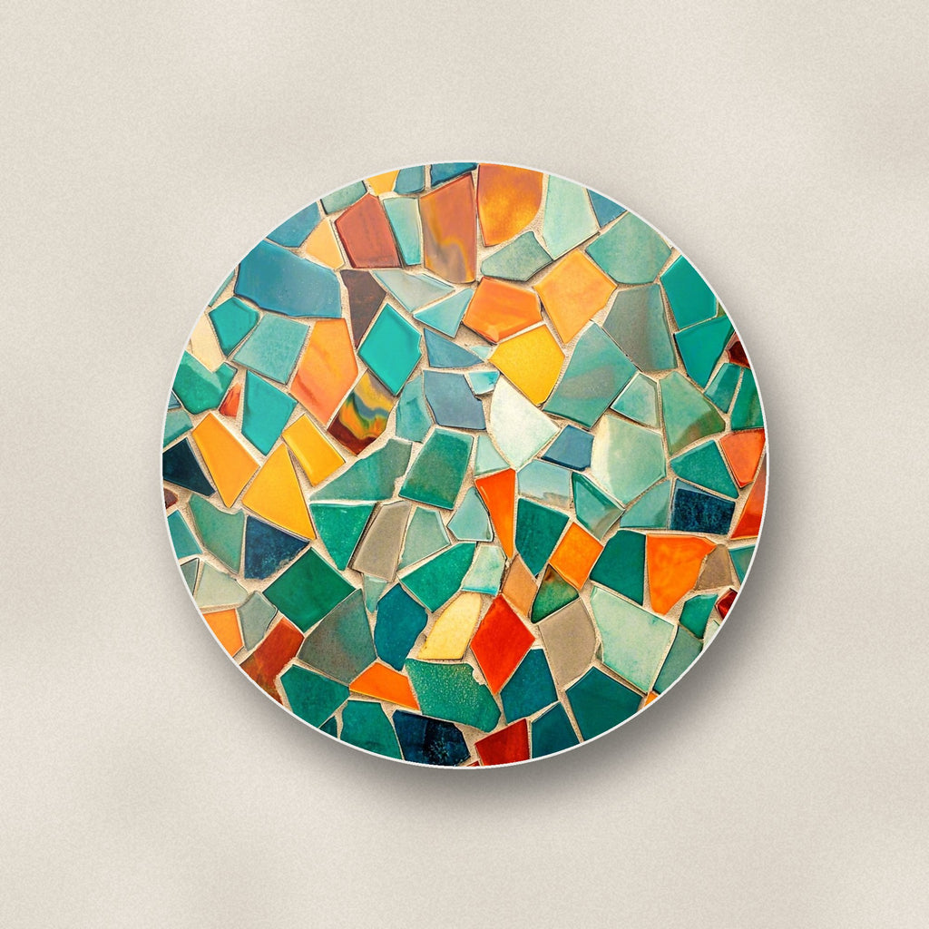 Close-up of one broken tile mosaic round ceramic coaster, flat UV print