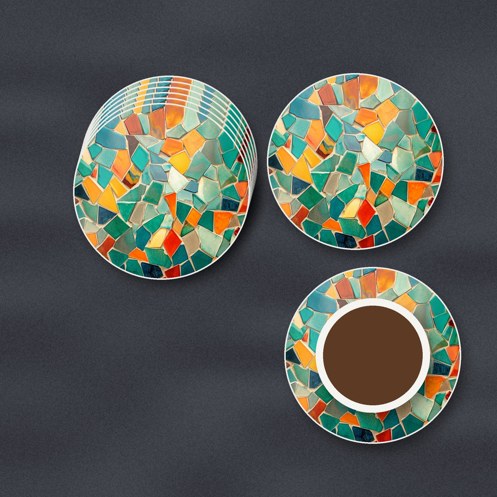 Broken Tile Mosaic round ceramic coasters stacked on a slate kitchen worktop