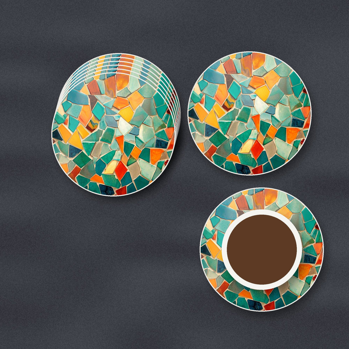 Broken Tile Mosaic round ceramic coasters stacked on a slate kitchen worktop