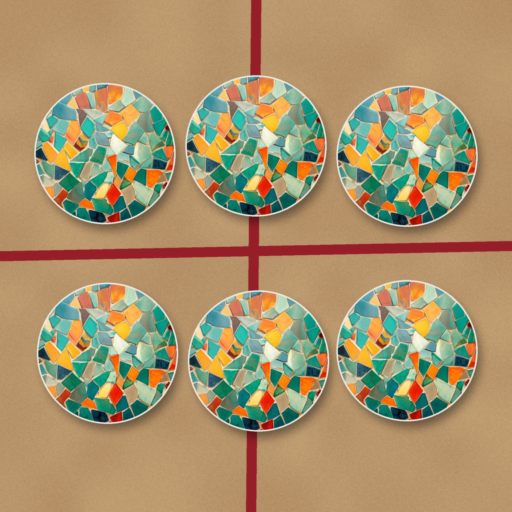 Broken Tile Mosaic round ceramic coasters on kraft gift wrap