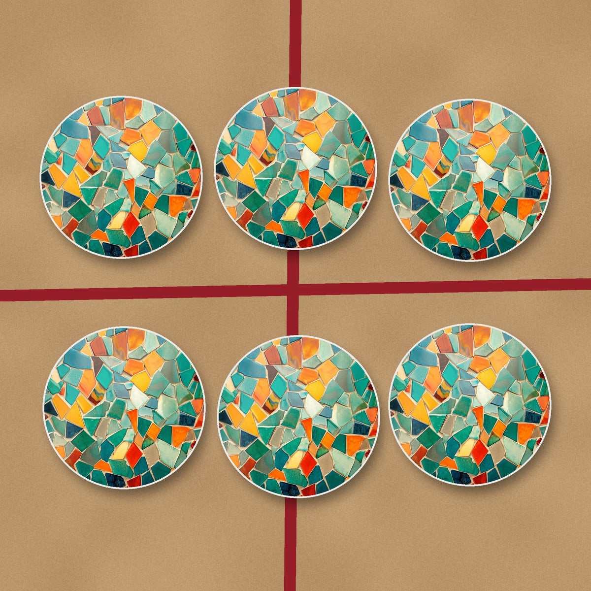 Broken Tile Mosaic round ceramic coasters on kraft gift wrap