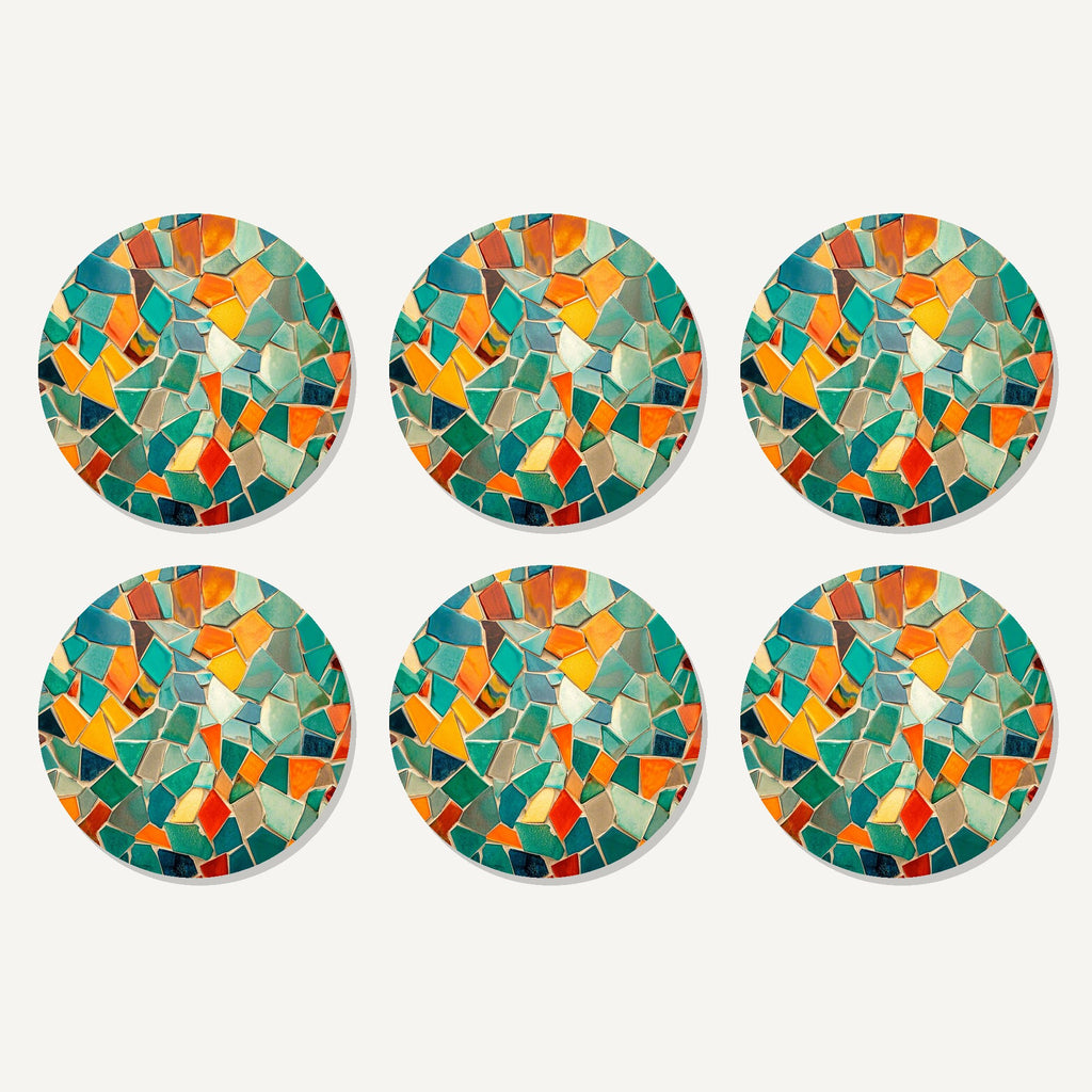 Flat lay of the broken tile mosaic artwork on six round coasters