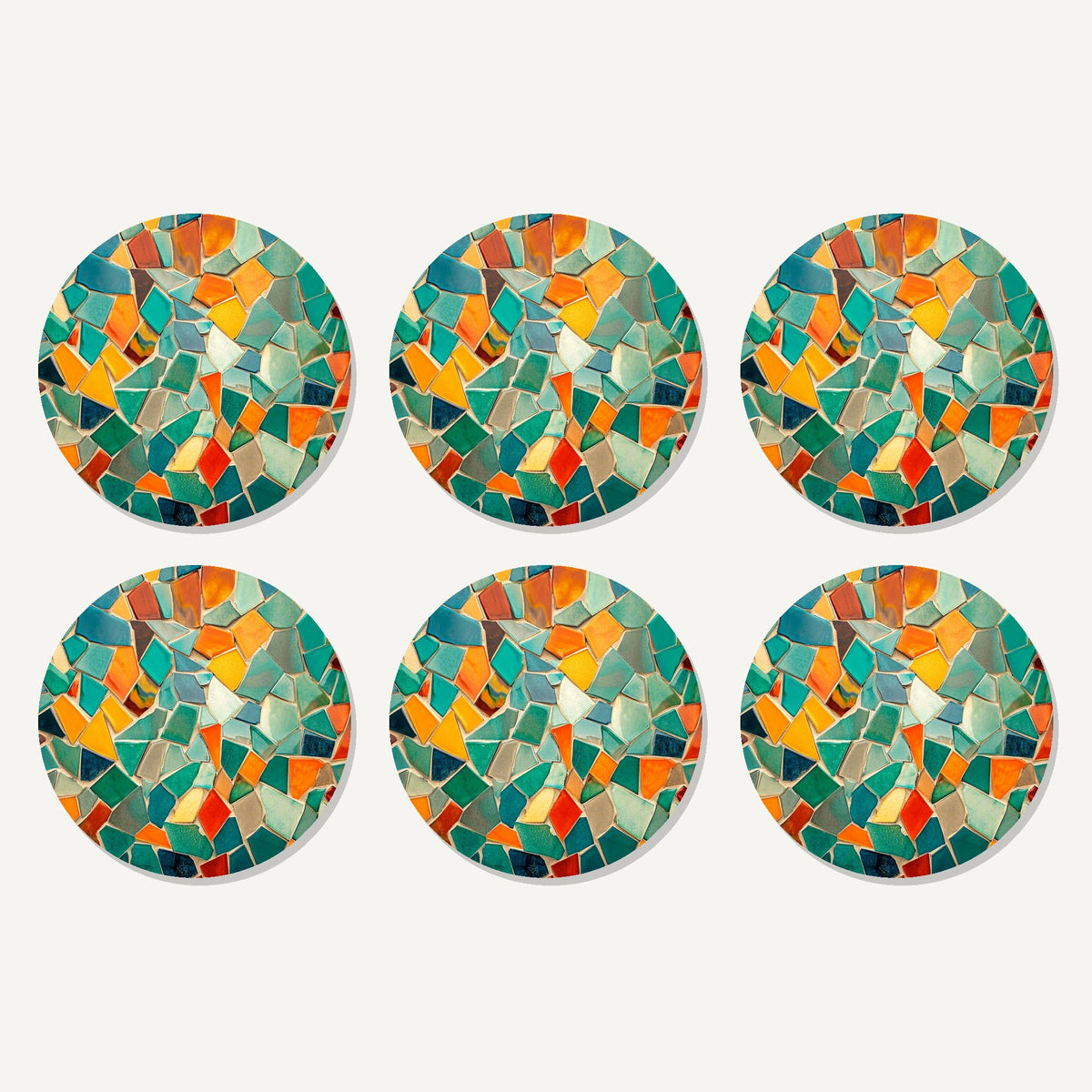 Flat lay of the broken tile mosaic artwork on six round coasters