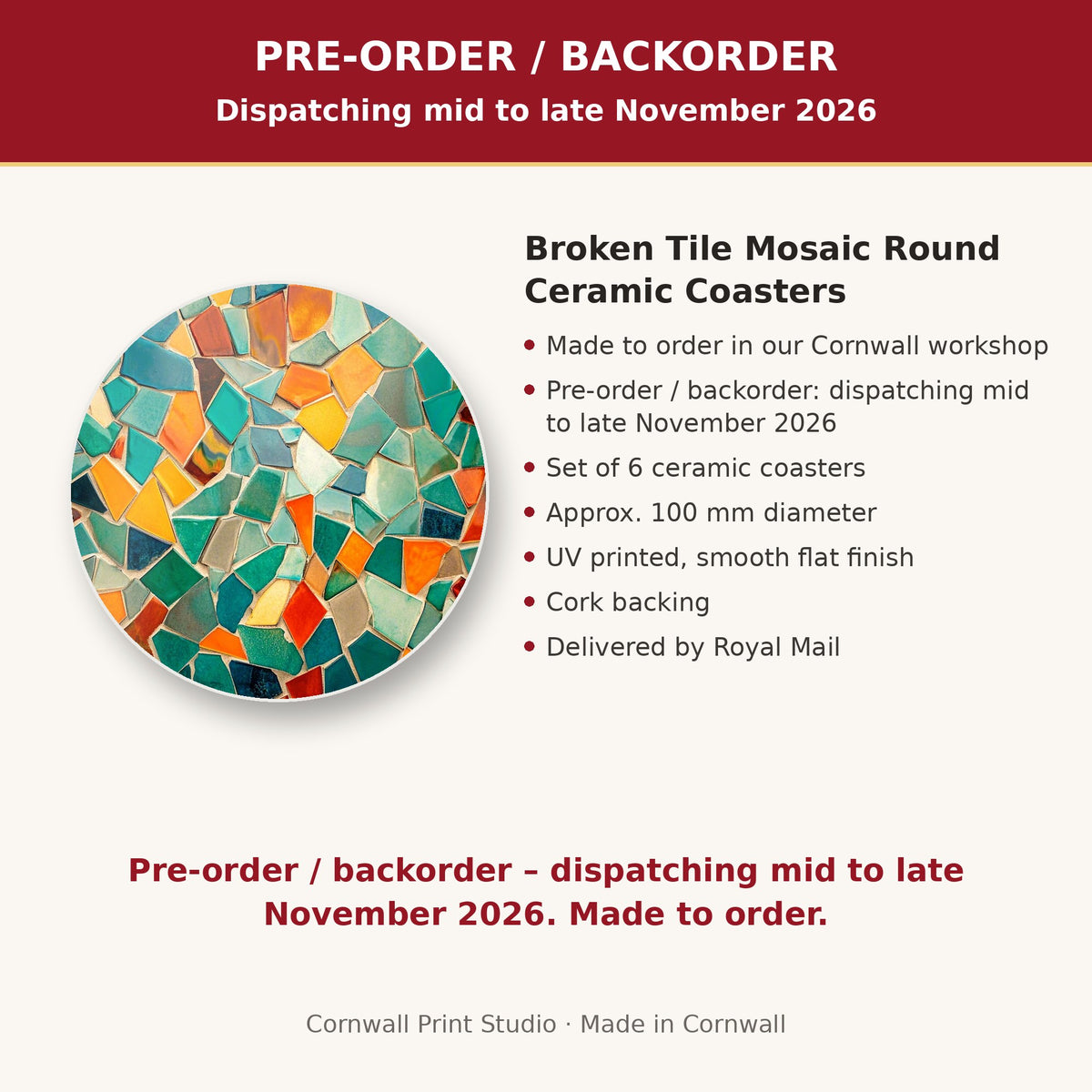 Info card: Broken Tile Mosaic Round Ceramic Coasters – Set of 6, made to order, dispatching mid to late November 2026, delivered by Royal Mail