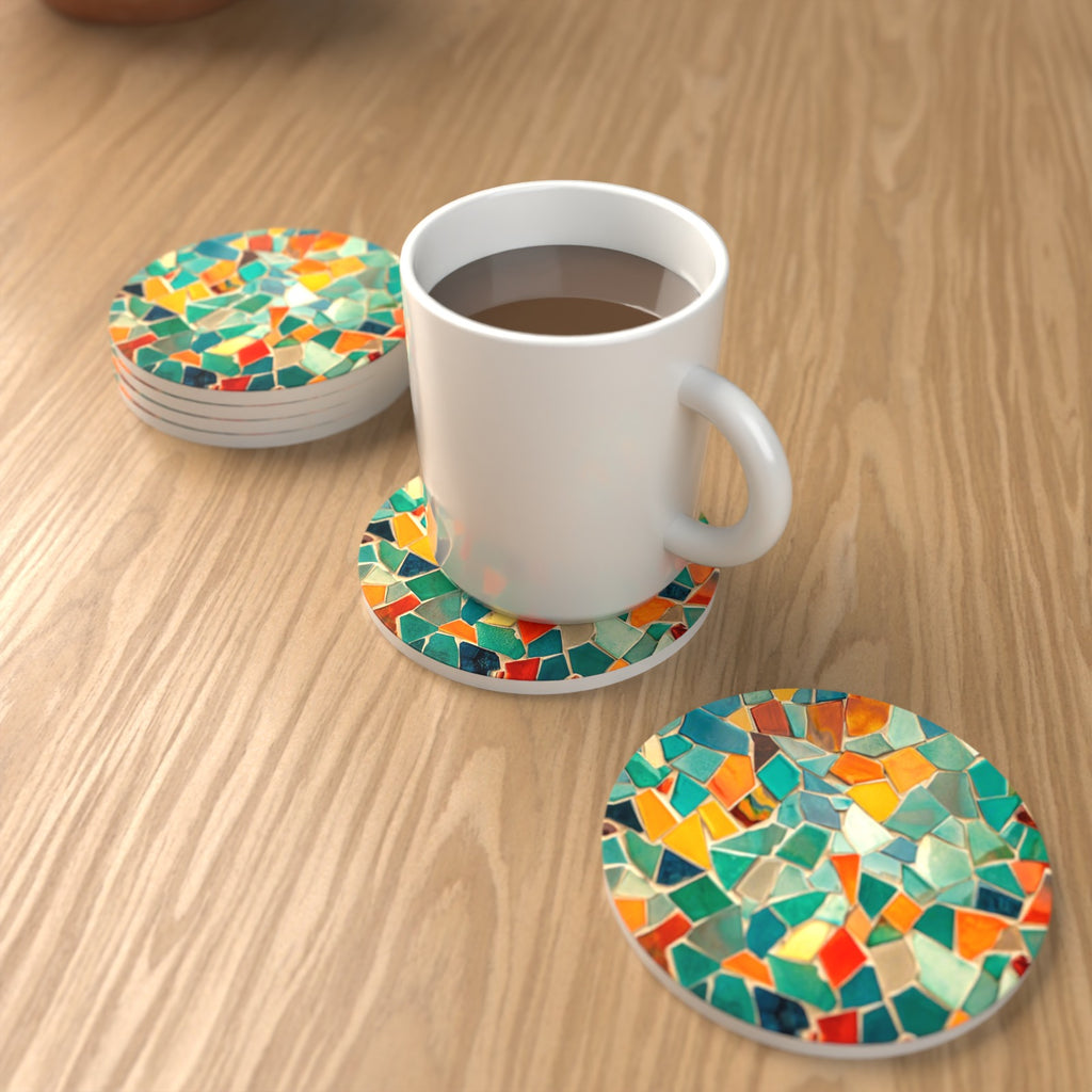 Broken Tile Mosaic Round Ceramic Coasters – Set of 6 – lifestyle mockup with a mug of coffee