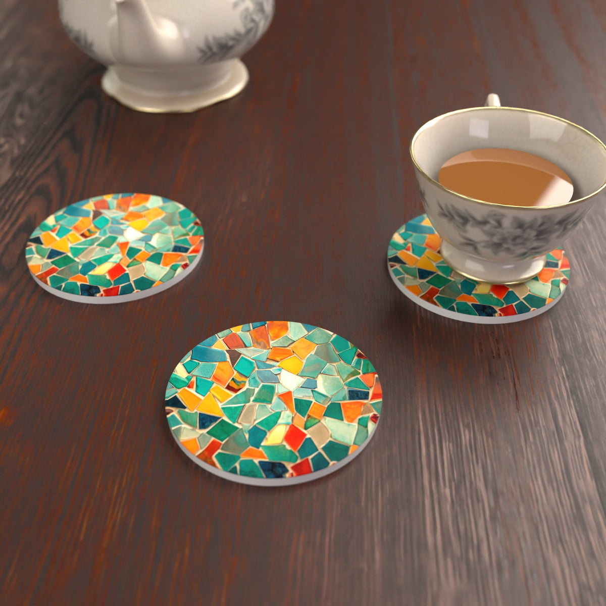 Broken Tile Mosaic Round Ceramic Coasters – Set of 6 – lifestyle mockup with a teacup