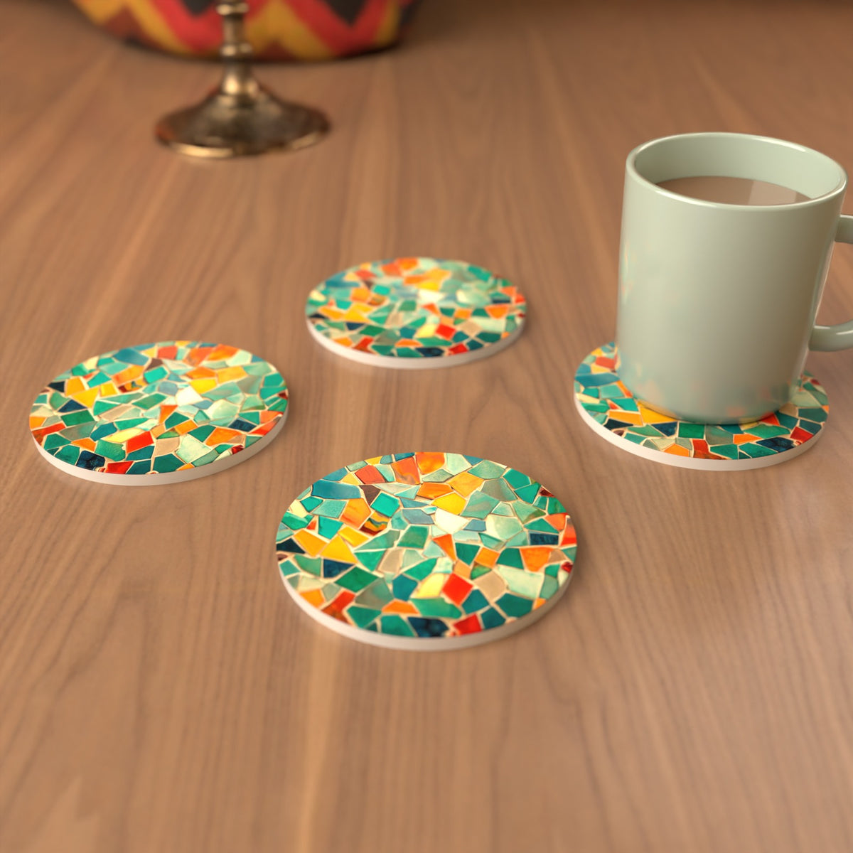 Broken Tile Mosaic Round Ceramic Coasters – Set of 6 – cosy lifestyle mockup
