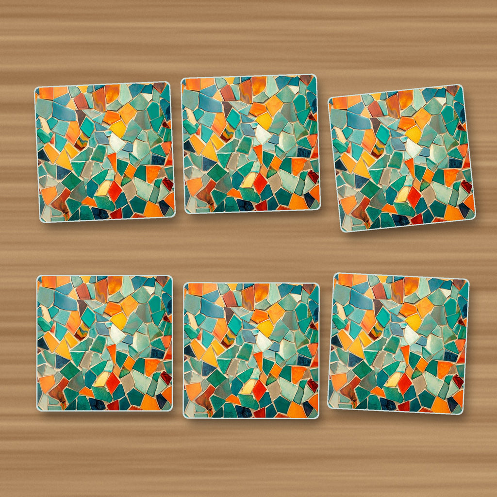 Broken Tile Mosaic square glass coasters, set of 6, on an oak coffee table
