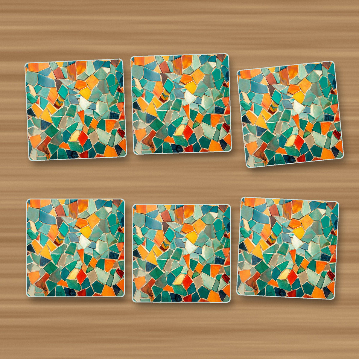 Broken Tile Mosaic square glass coasters, set of 6, on an oak coffee table