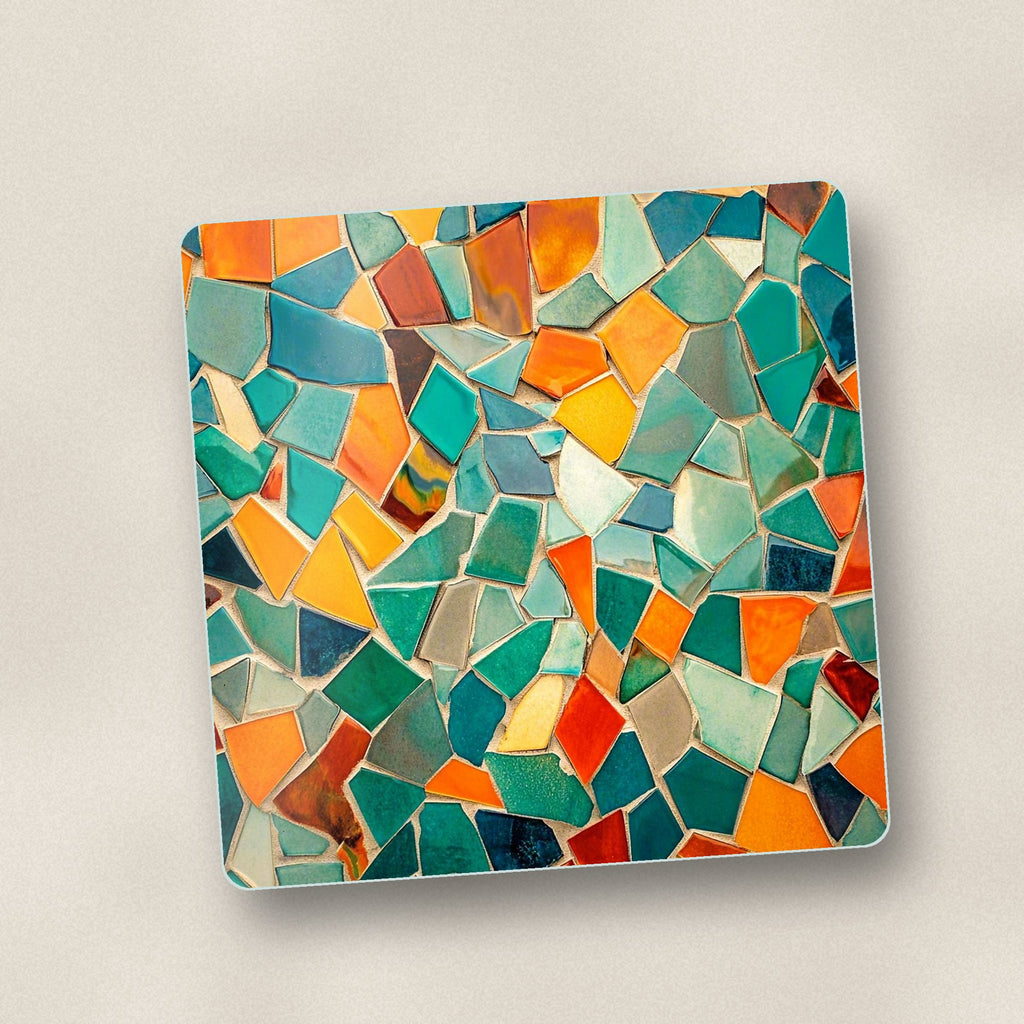 Close-up of one broken tile mosaic square glass coaster, flat UV print