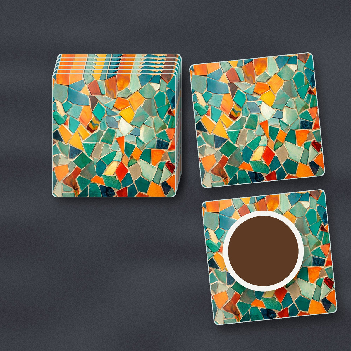 Broken Tile Mosaic square glass coasters stacked on a slate kitchen worktop