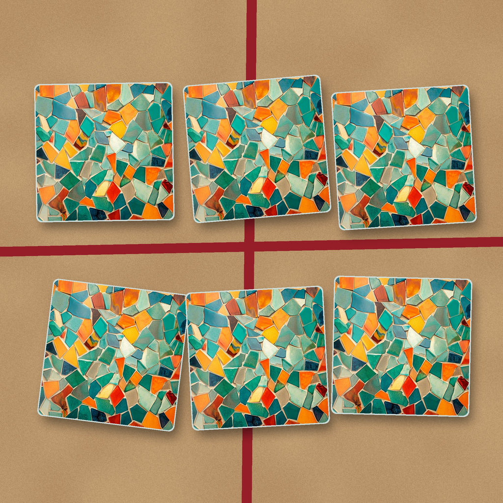 Broken Tile Mosaic square glass coasters on kraft gift wrap