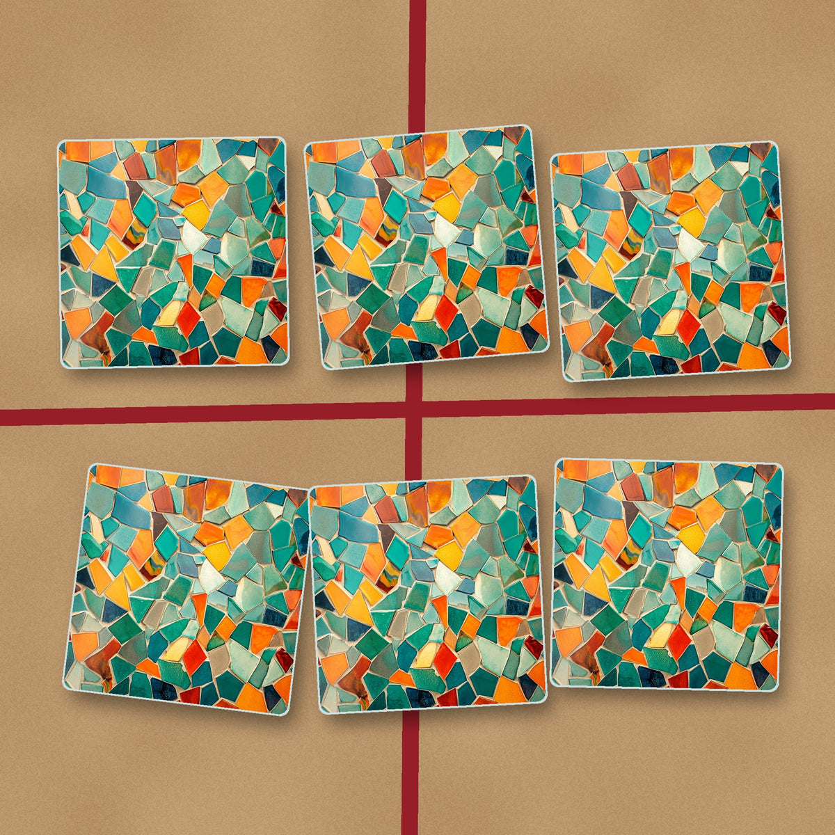 Broken Tile Mosaic square glass coasters on kraft gift wrap