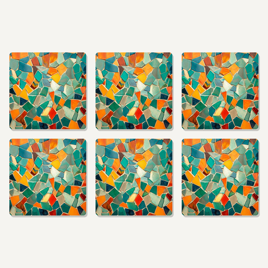 Flat lay of the broken tile mosaic artwork on six square coasters