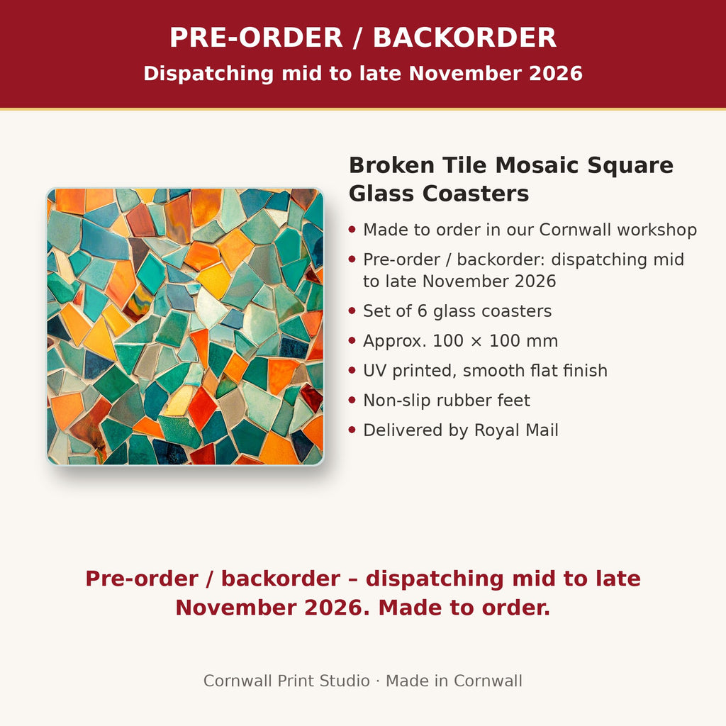 Info card: Broken Tile Mosaic Square Glass Coasters – Set of 6, made to order, dispatching mid to late November 2026, delivered by Royal Mail