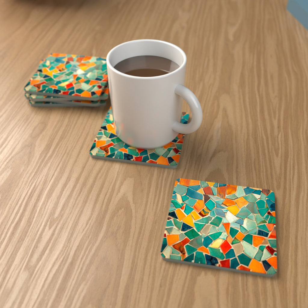 Broken Tile Mosaic Square Glass Coasters – Set of 6 – lifestyle mockup with a mug of coffee