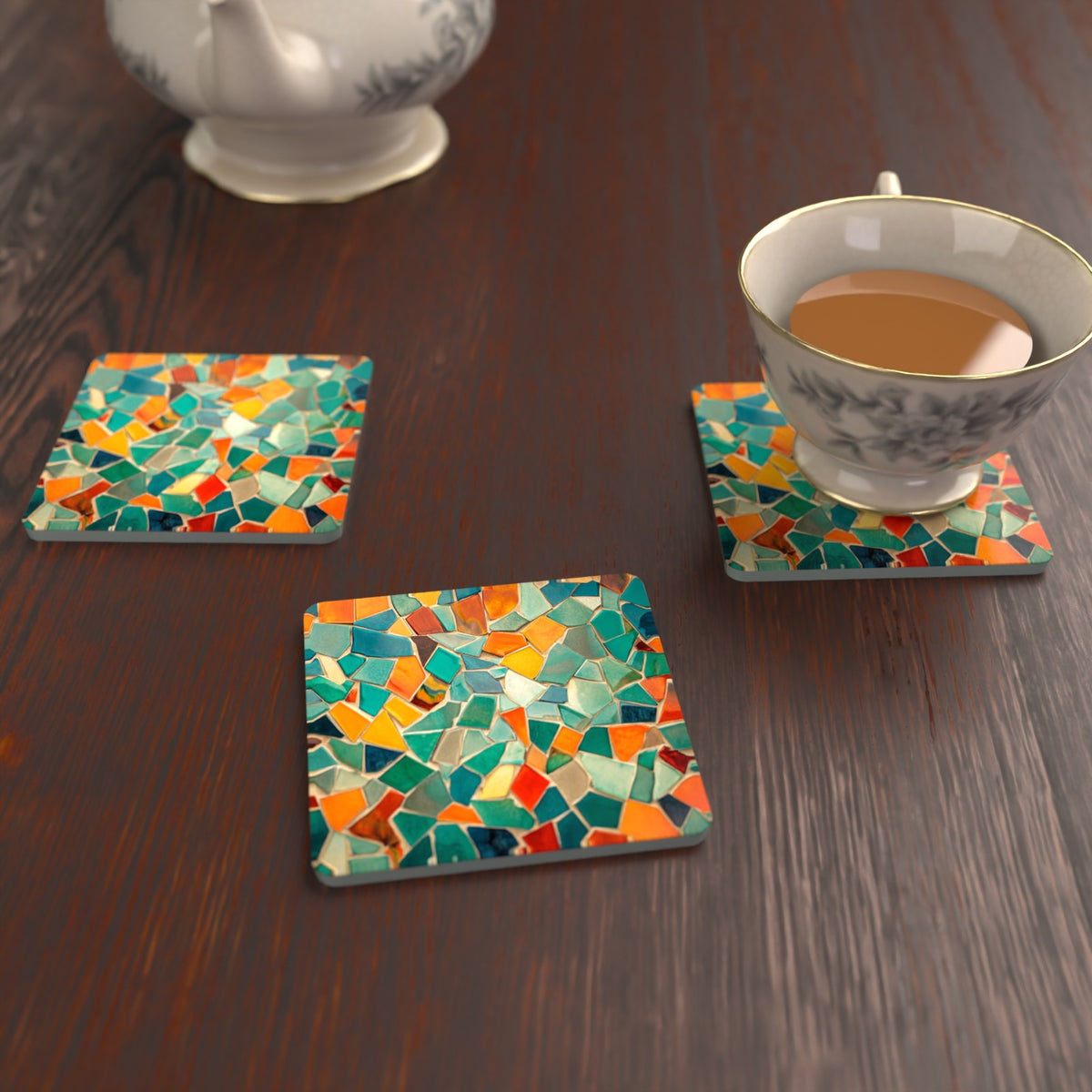 Broken Tile Mosaic Square Glass Coasters – Set of 6 – lifestyle mockup with a teacup