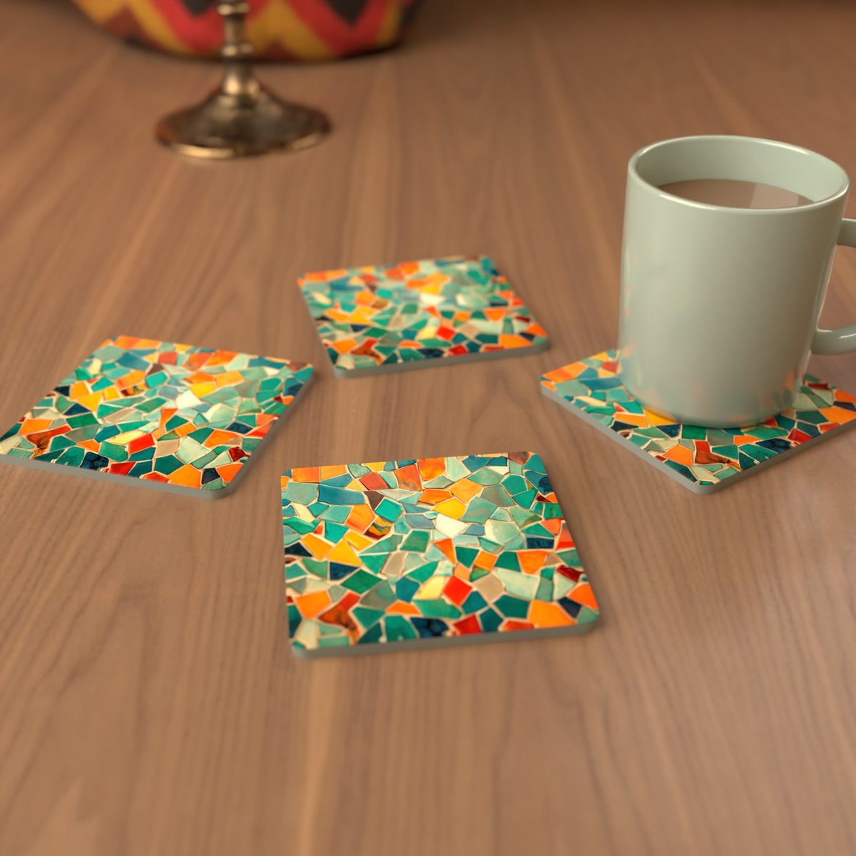 Broken Tile Mosaic Square Glass Coasters – Set of 6 – cosy lifestyle mockup