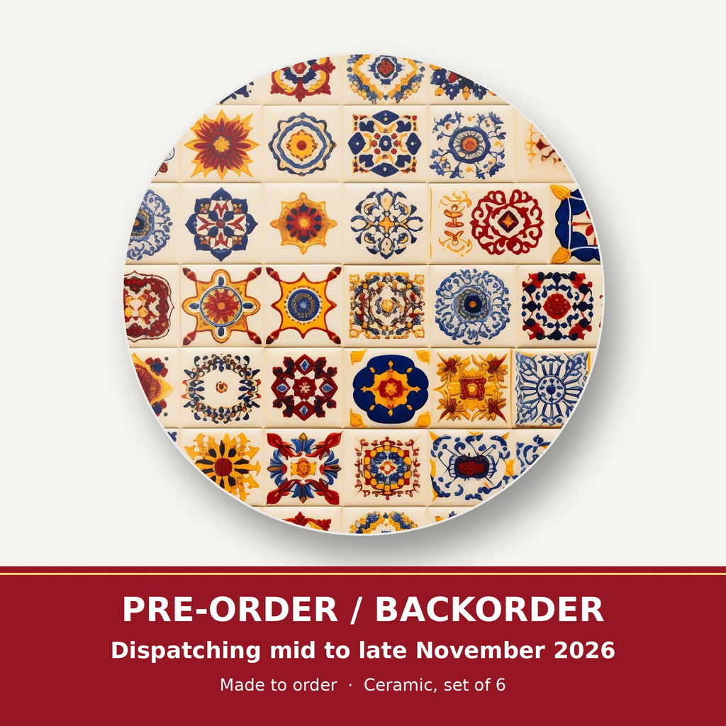 Blue & Orange Patterned Tiles round ceramic coaster set of 6 – pre-order / backorder, dispatching mid to late November 2026