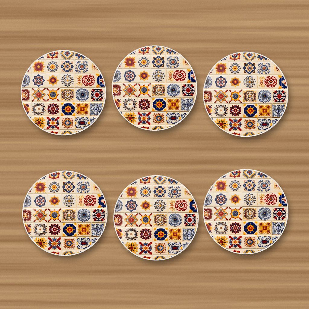 Blue & Orange Patterned Tiles round ceramic coasters, set of 6, on an oak coffee table