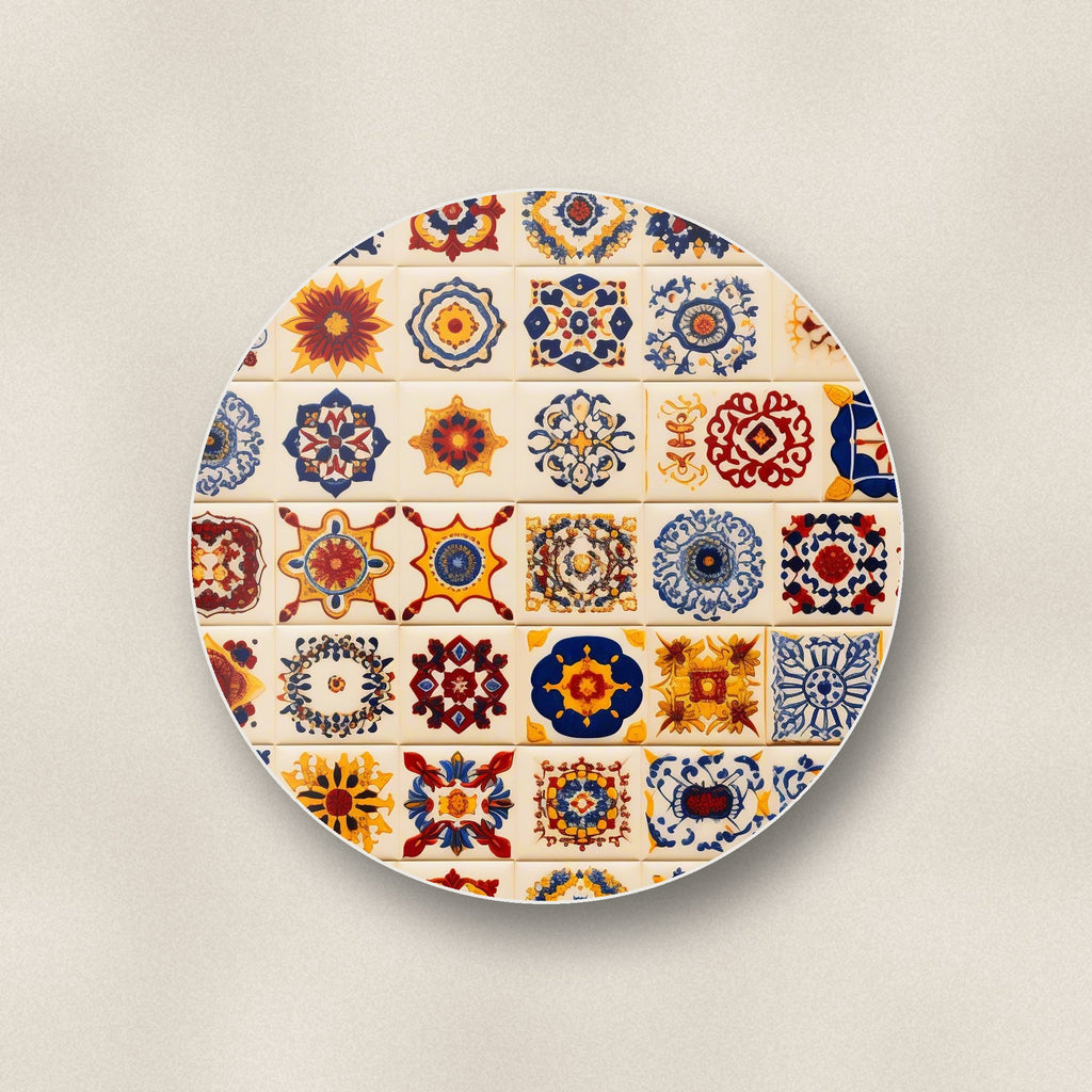 Close-up of one blue & orange patterned tiles round ceramic coaster, flat UV print