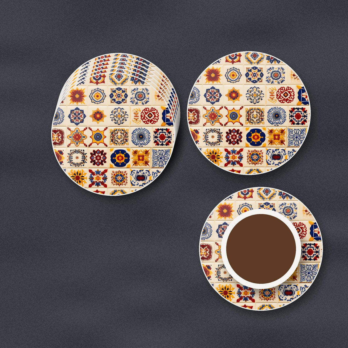 Blue & Orange Patterned Tiles round ceramic coasters stacked on a slate kitchen worktop
