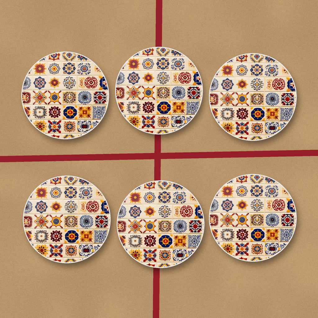 Blue & Orange Patterned Tiles round ceramic coasters on kraft gift wrap