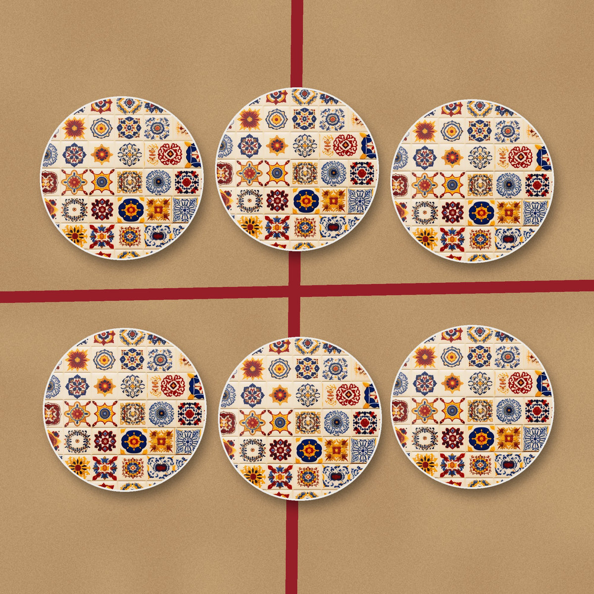 Blue & Orange Patterned Tiles round ceramic coasters on kraft gift wrap