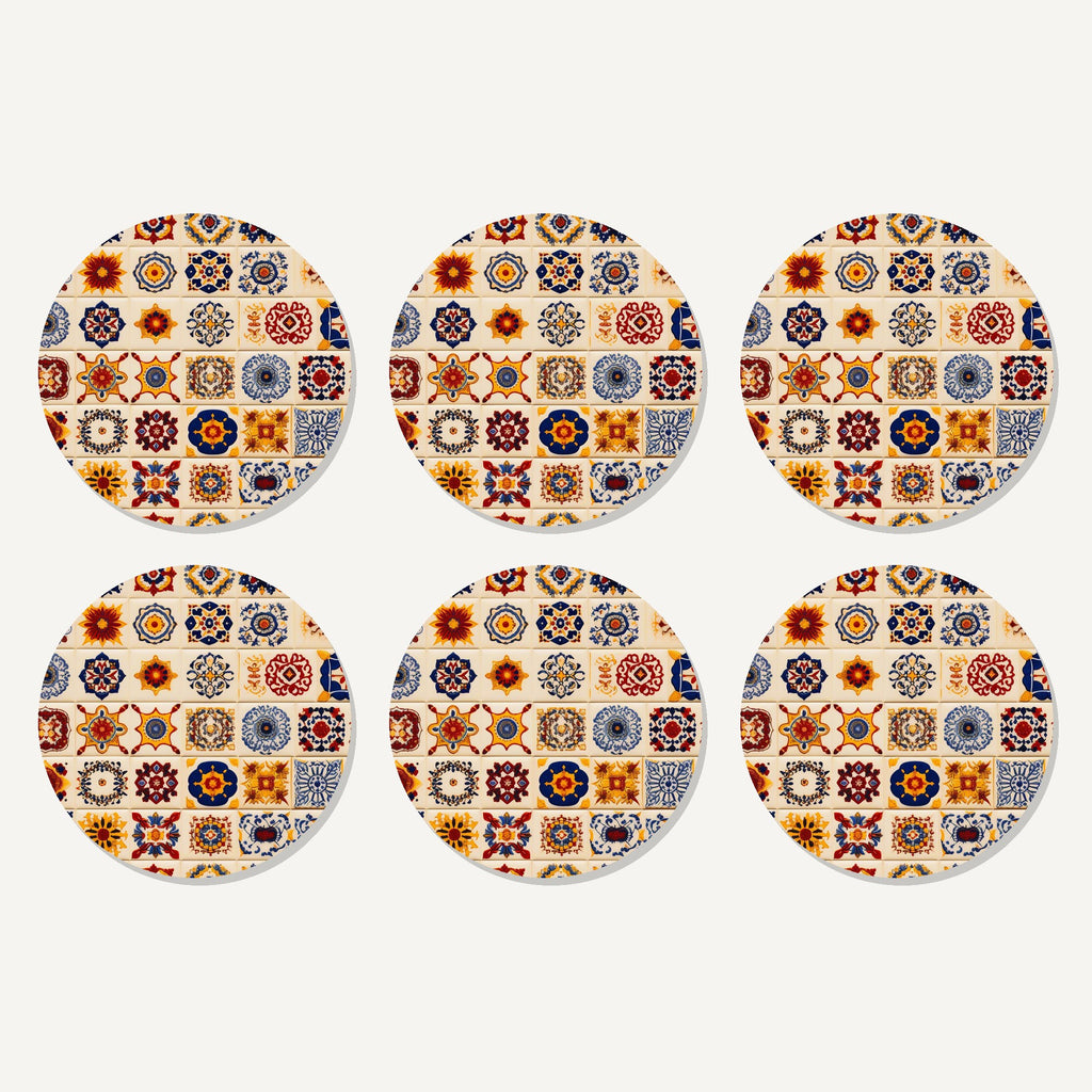 Flat lay of the blue & orange patterned tiles artwork on six round coasters