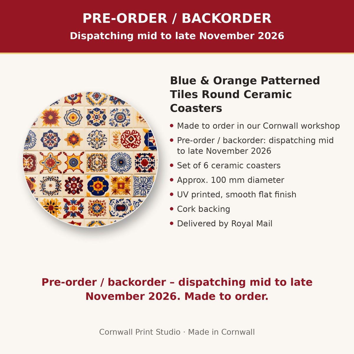 Info card: Blue & Orange Patterned Tiles Round Ceramic Coasters – Set of 6, made to order, dispatching mid to late November 2026, delivered by Royal Mail