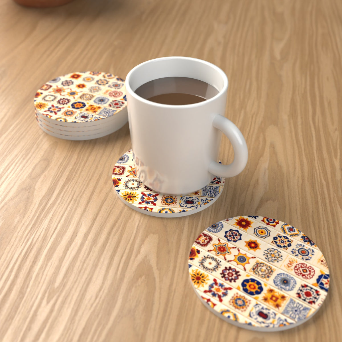 Blue & Orange Patterned Tiles Round Ceramic Coasters – Set of 6 – lifestyle mockup with a mug of coffee