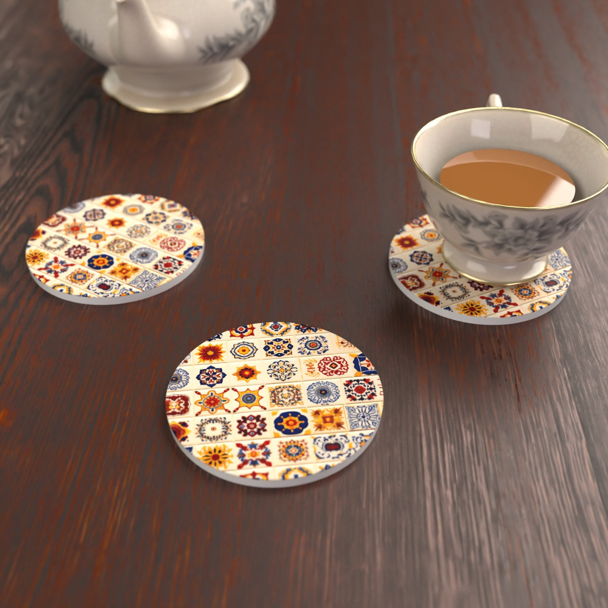 Blue & Orange Patterned Tiles Round Ceramic Coasters – Set of 6 – lifestyle mockup with a teacup